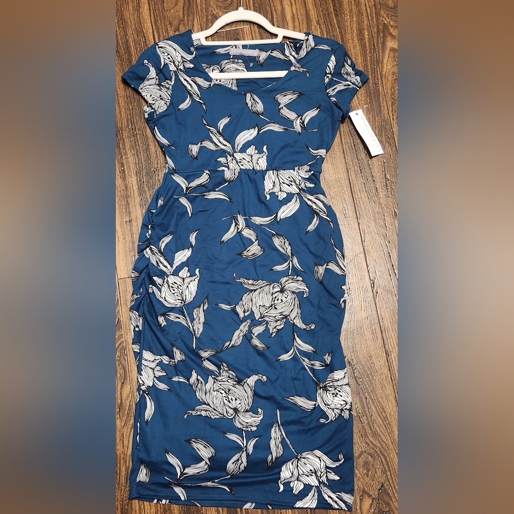 Loveappella Maternity Dress Teal Ruched Floral Sz S NWT SAVE 15%!